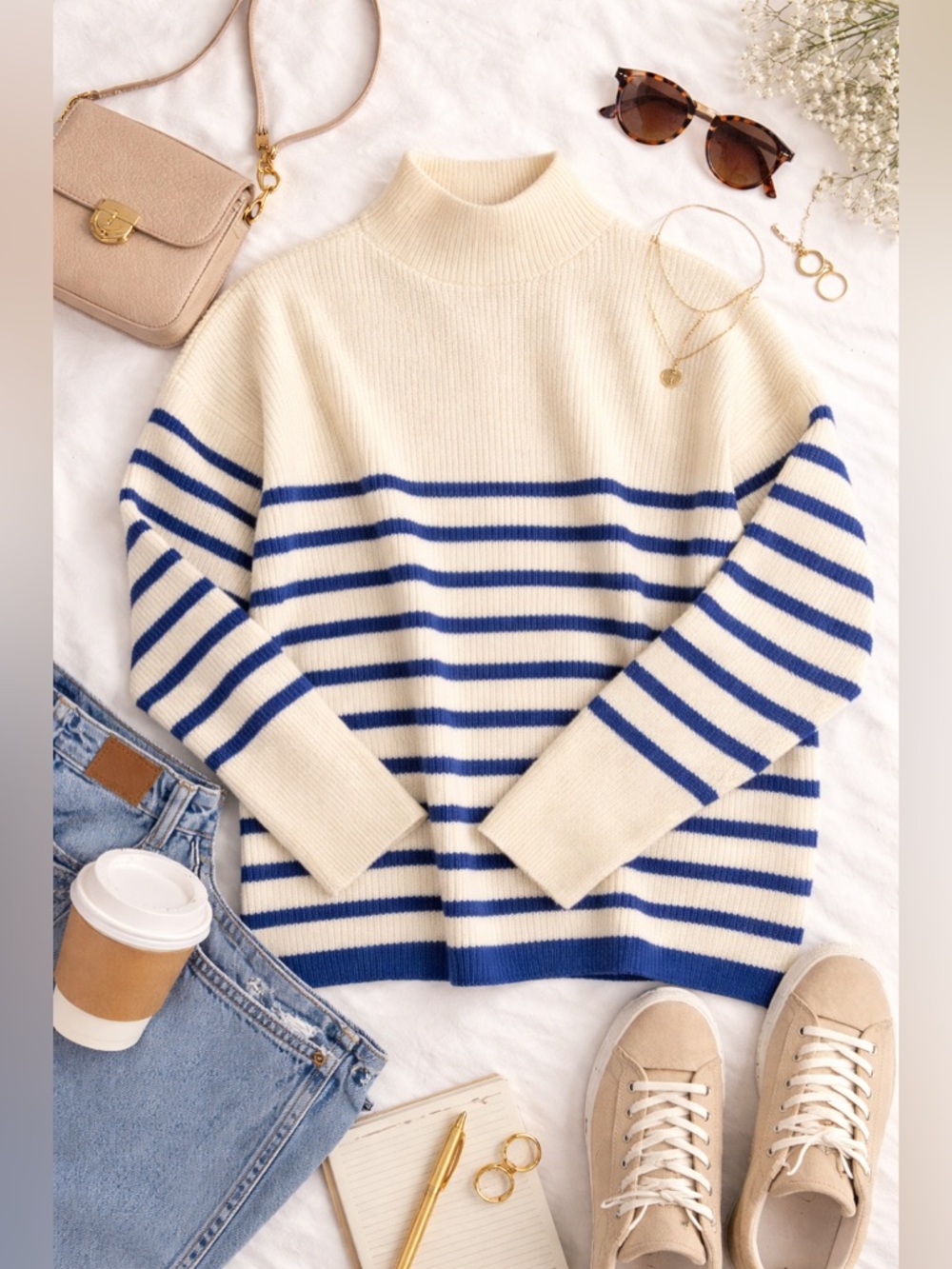Vero Moda Blue & Ivory Striped Turtleneck Sweater XL Cozy Knit Pullover EUC